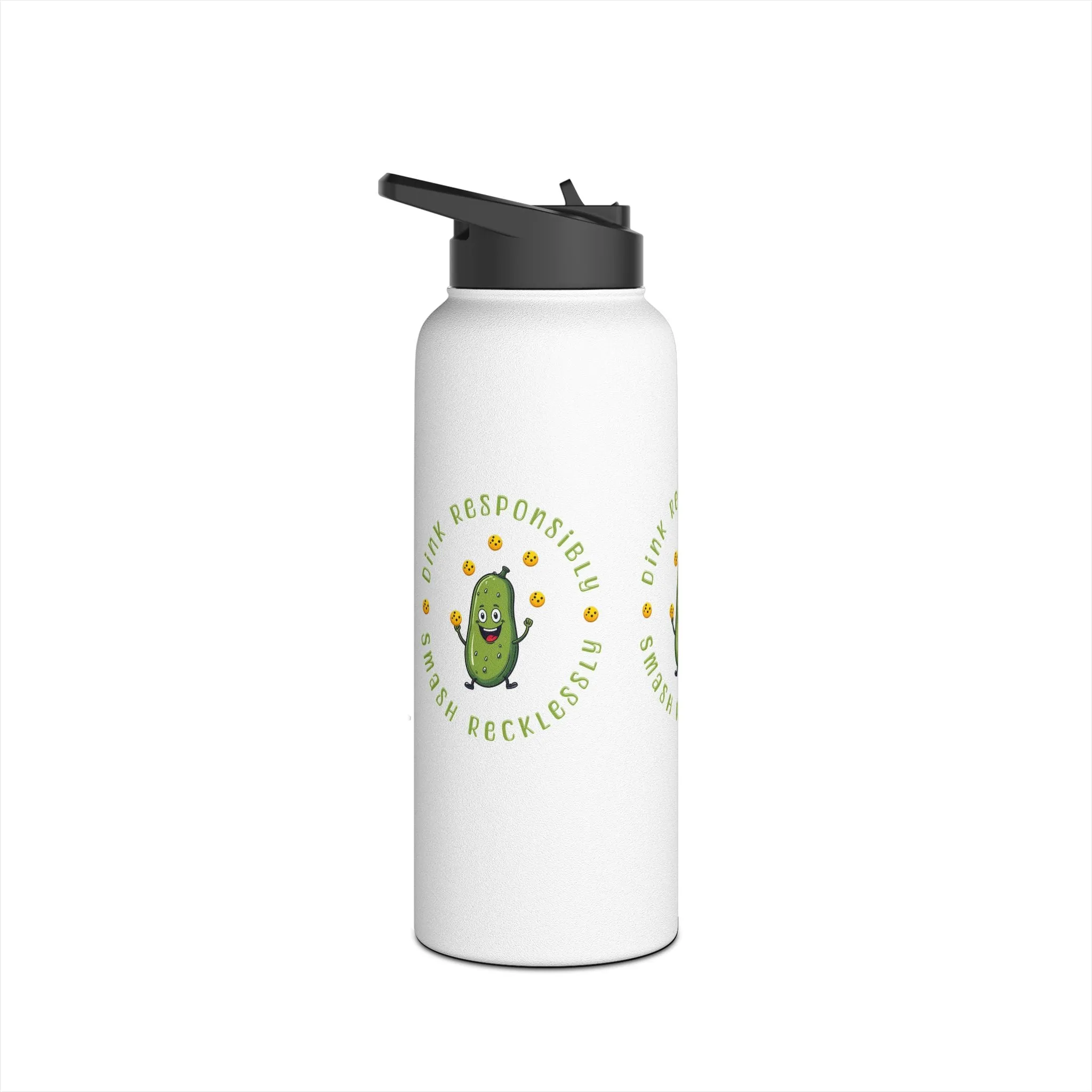 "Stainless Steel Water Bottle – Standard Lid ‘Dink Responsibly, Smash Relentlessly’ Happy Pickle Juggling Pickleballs Design"