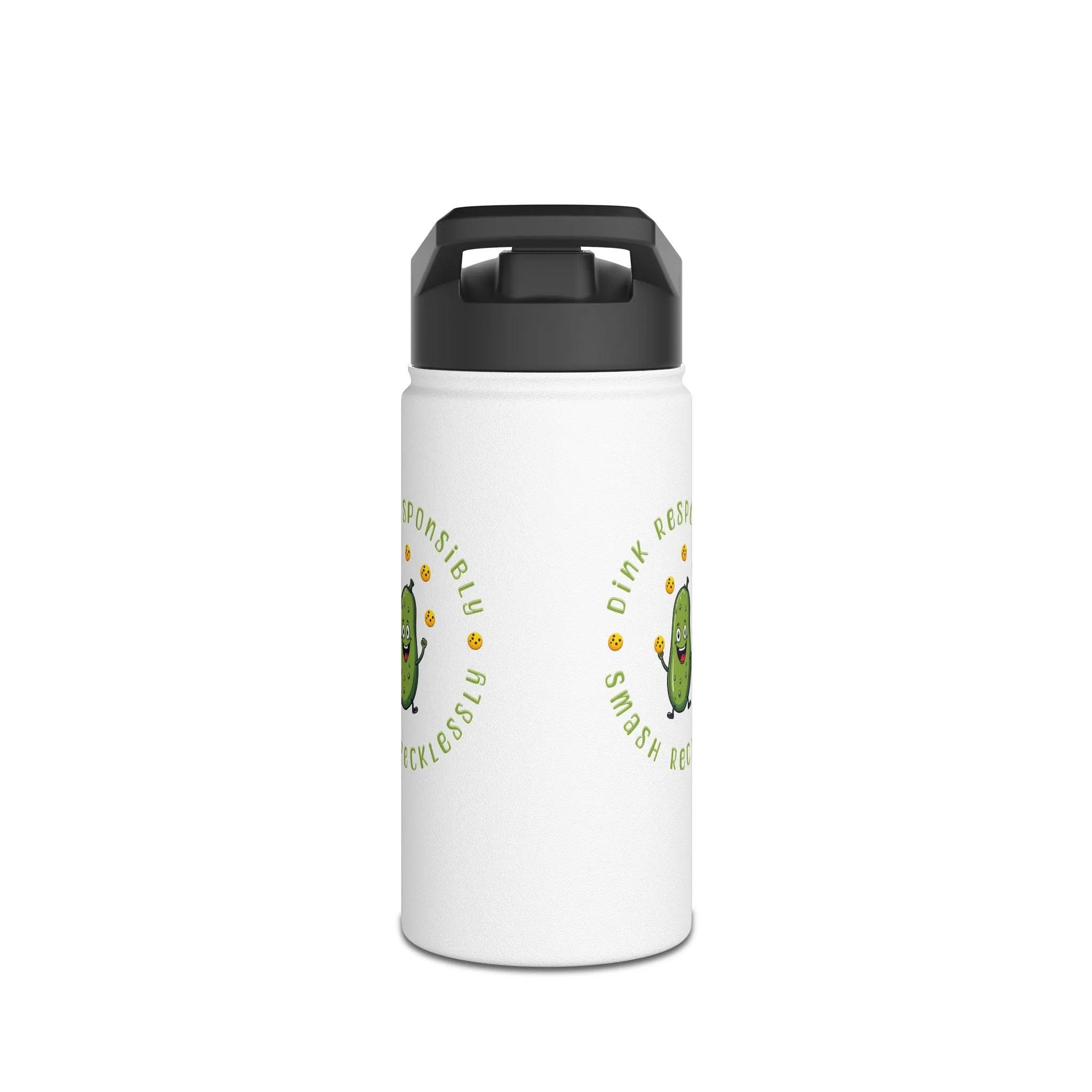 "Stainless Steel Water Bottle – Standard Lid ‘Dink Responsibly, Smash Relentlessly’ Happy Pickle Juggling Pickleballs Design"