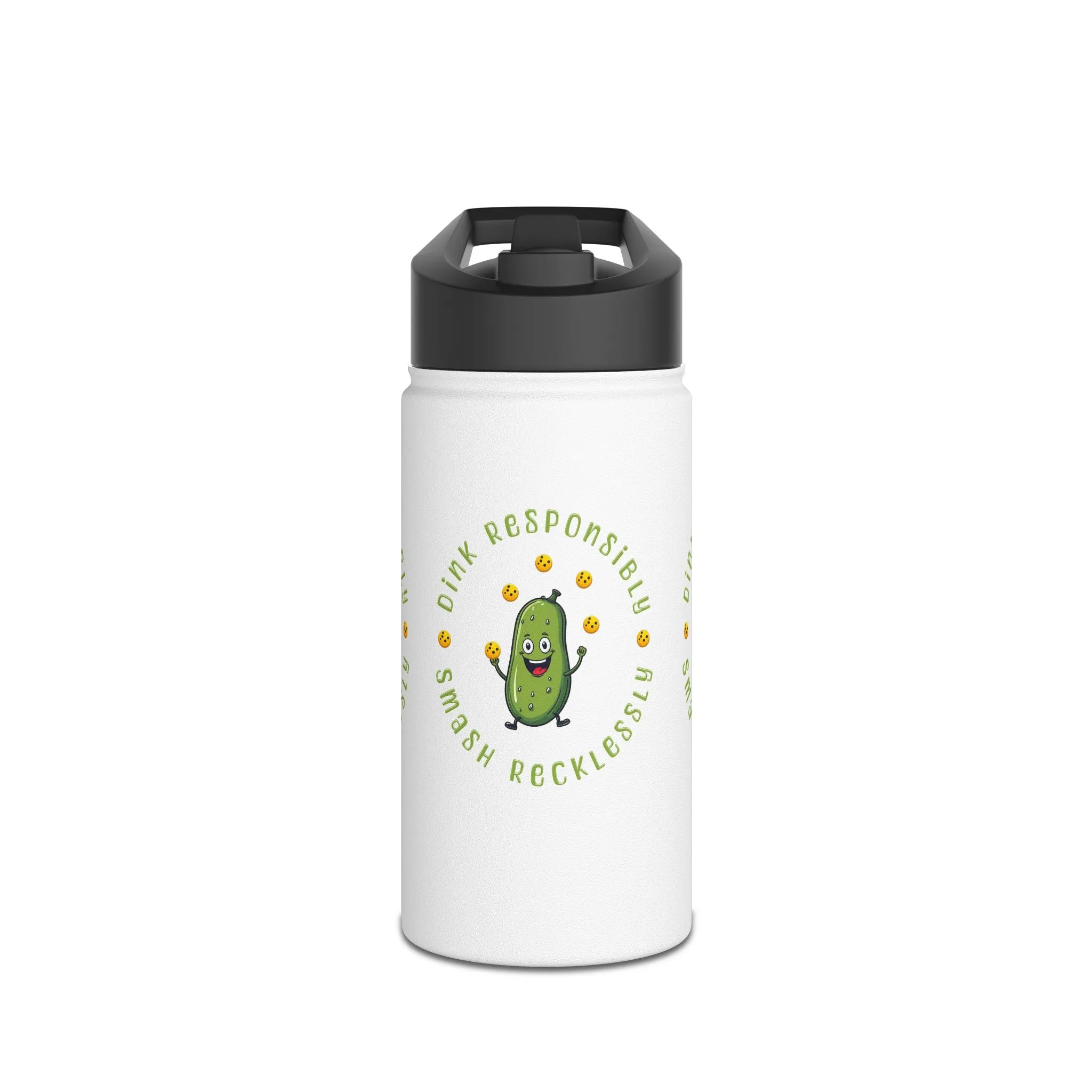 "Stainless Steel Water Bottle – Standard Lid ‘Dink Responsibly, Smash Relentlessly’ Happy Pickle Juggling Pickleballs Design"