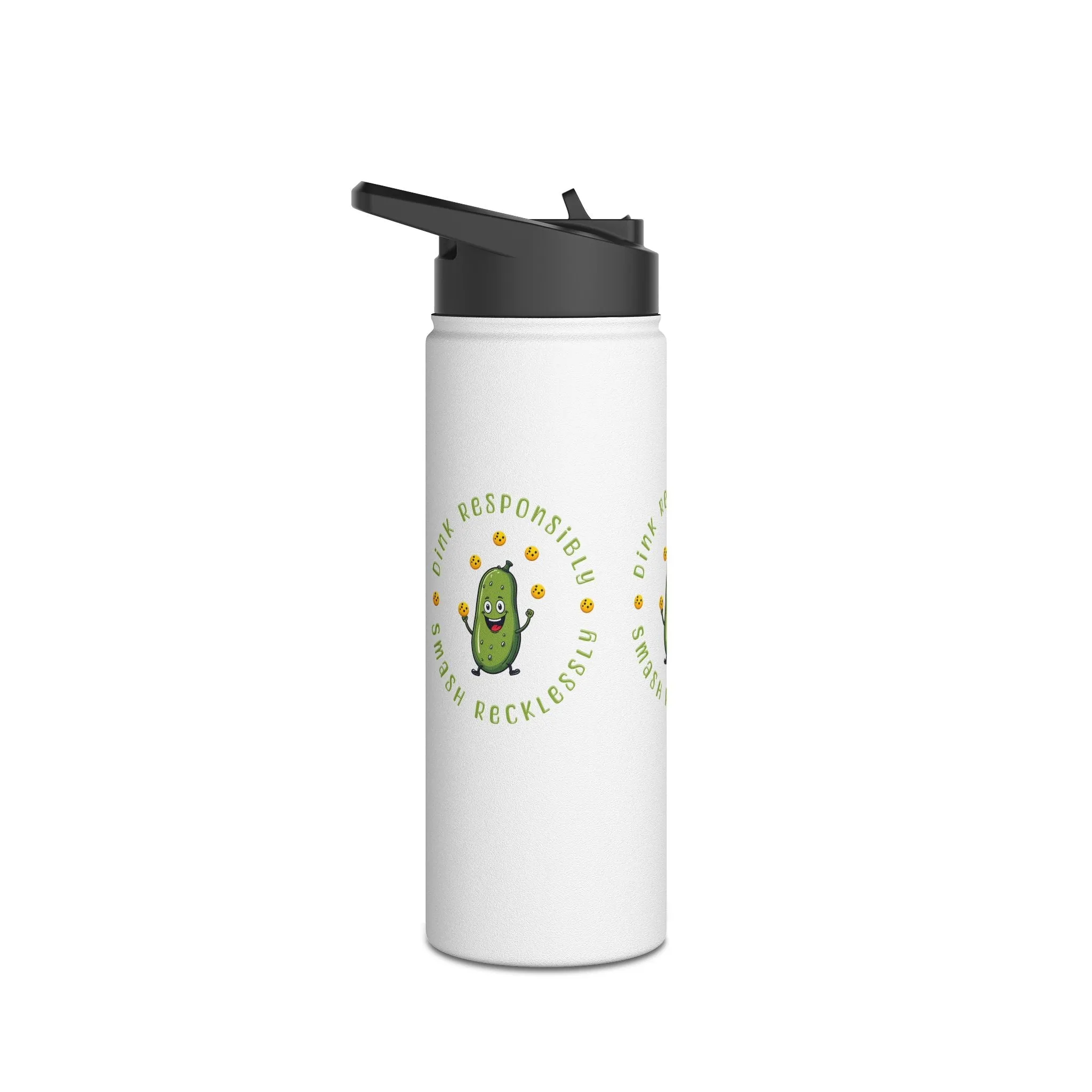 "Stainless Steel Water Bottle – Standard Lid ‘Dink Responsibly, Smash Relentlessly’ Happy Pickle Juggling Pickleballs Design"