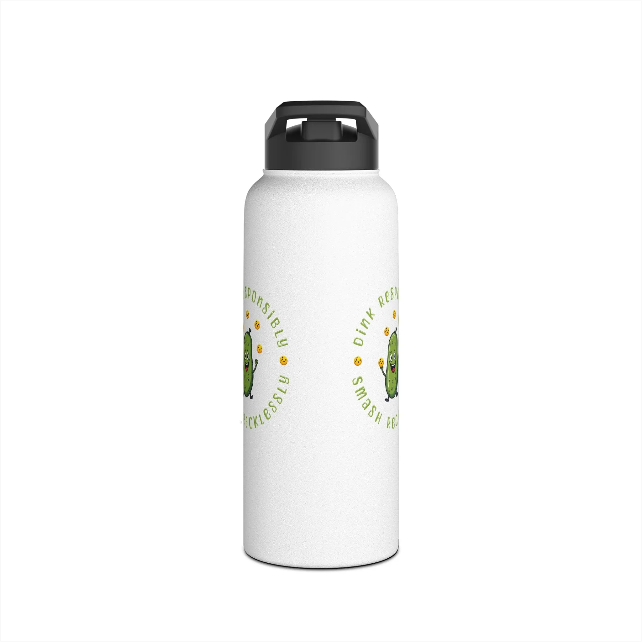 "Stainless Steel Water Bottle – Standard Lid ‘Dink Responsibly, Smash Relentlessly’ Happy Pickle Juggling Pickleballs Design"