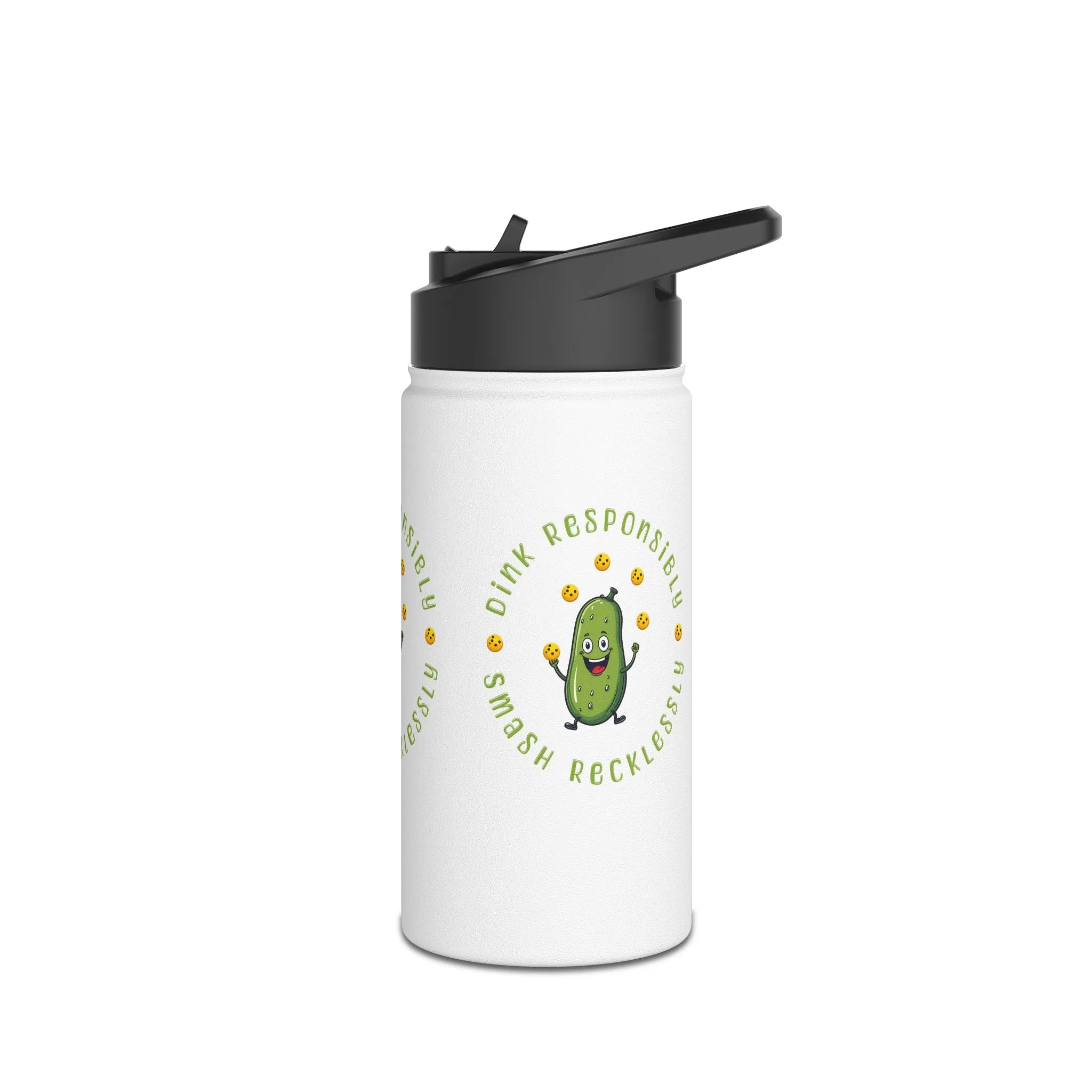 "Stainless Steel Water Bottle – Standard Lid ‘Dink Responsibly, Smash Relentlessly’ Happy Pickle Juggling Pickleballs Design"