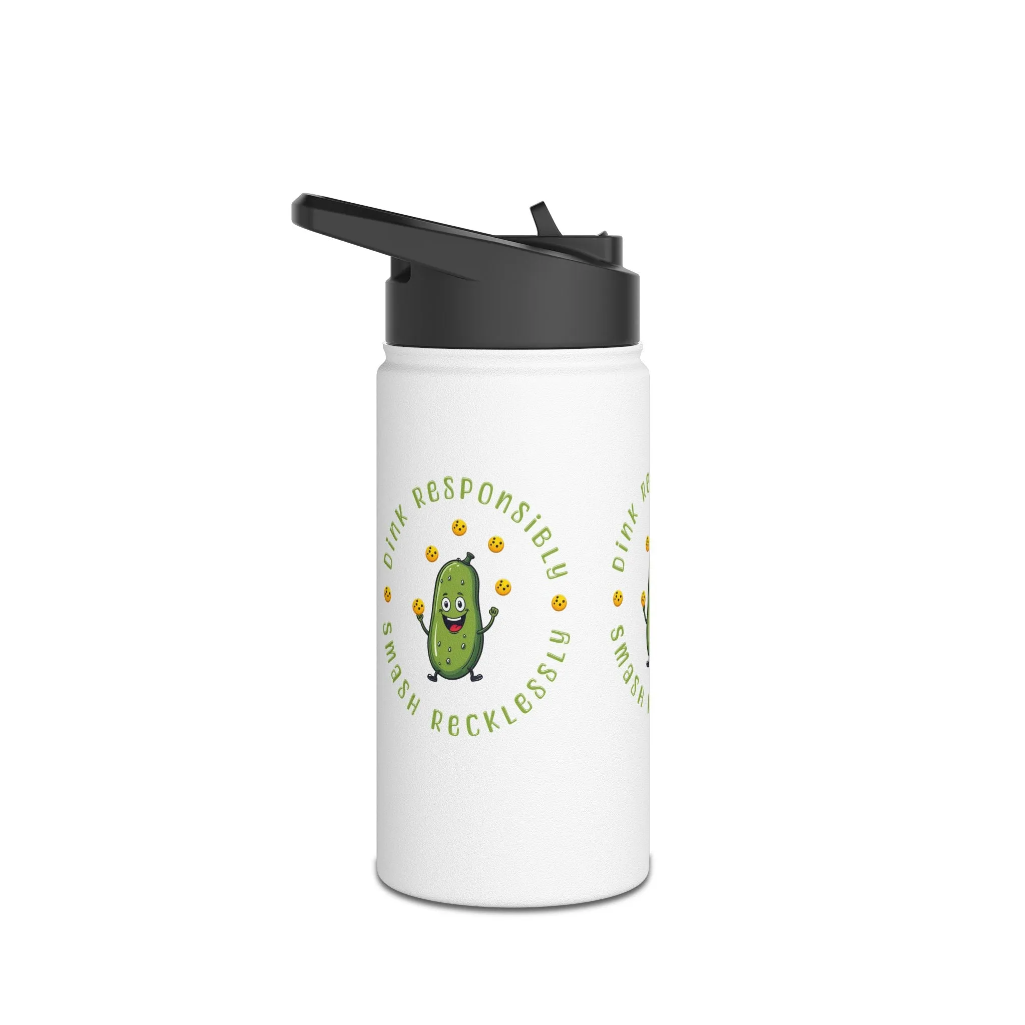 "Stainless Steel Water Bottle – Standard Lid ‘Dink Responsibly, Smash Relentlessly’ Happy Pickle Juggling Pickleballs Design"