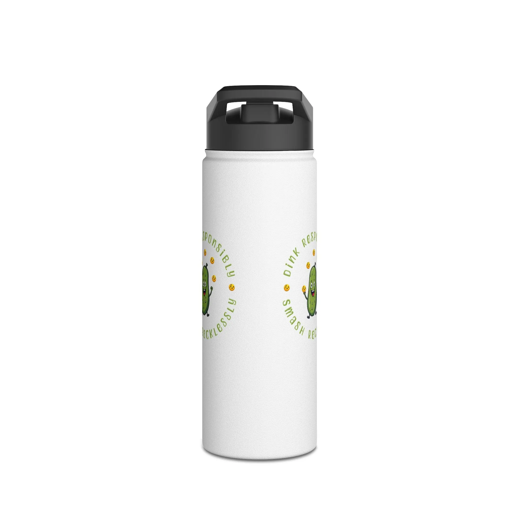 "Stainless Steel Water Bottle – Standard Lid ‘Dink Responsibly, Smash Relentlessly’ Happy Pickle Juggling Pickleballs Design"