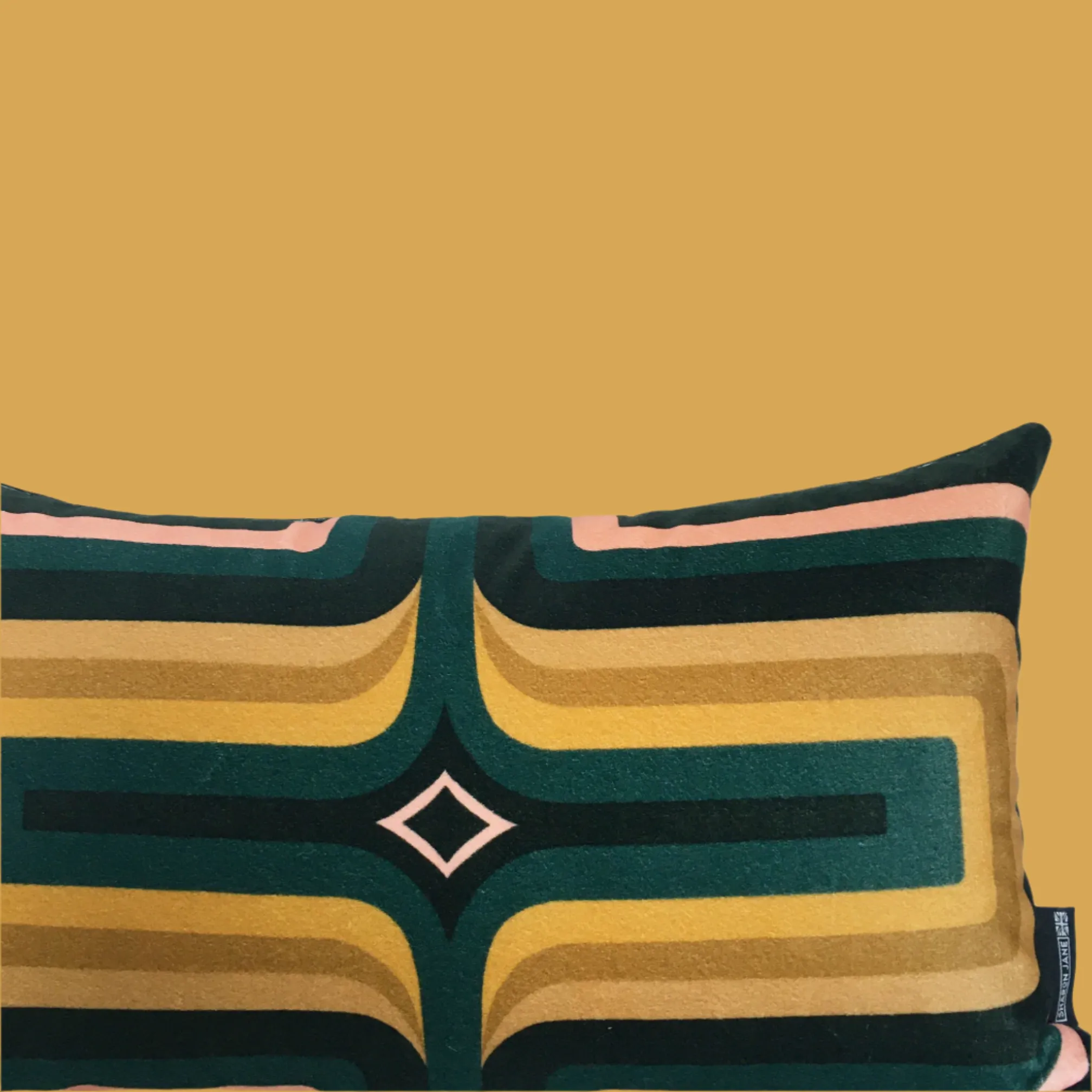 Retro Geometric Velvet Cushion - Bottle   Ochre