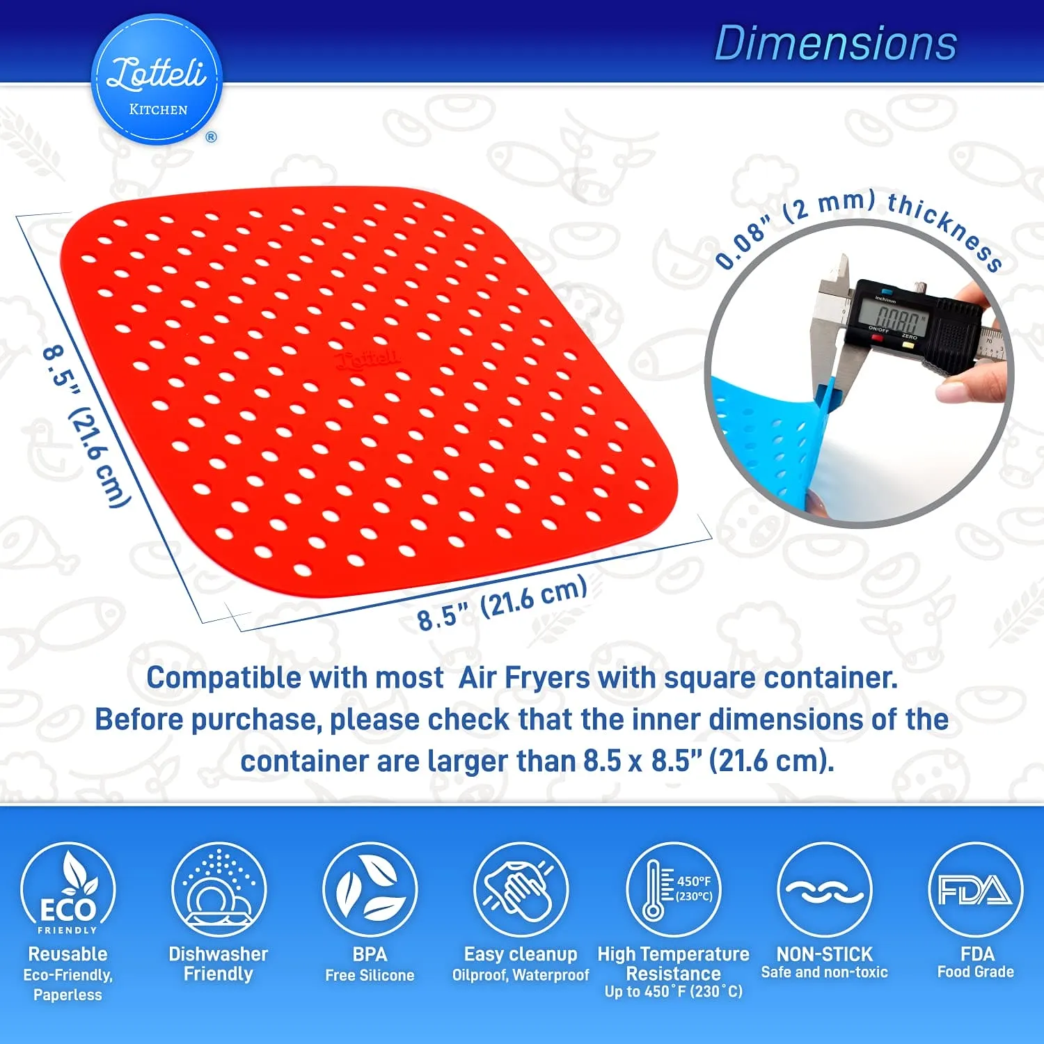 Reusable Silicone Air Fryer Liners with Air Fryer Magnetic Cheat Sheet, Easy Clean Air Fryer Accessories, Non Stick, AirFryer Accessory Parchment Paper Replacement (Square 8.5")