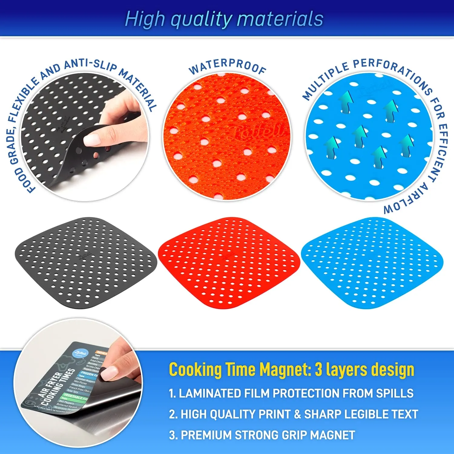 Reusable Silicone Air Fryer Liners with Air Fryer Magnetic Cheat Sheet, Easy Clean Air Fryer Accessories, Non Stick, AirFryer Accessory Parchment Paper Replacement (Square 8.5")