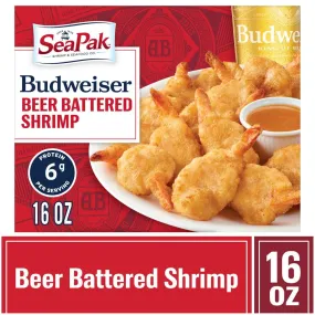 SeaPak Budweiser Beer Battered Shrimp, Oven Crunchy, Easy to Bake, Large, 16 oz (Frozen)