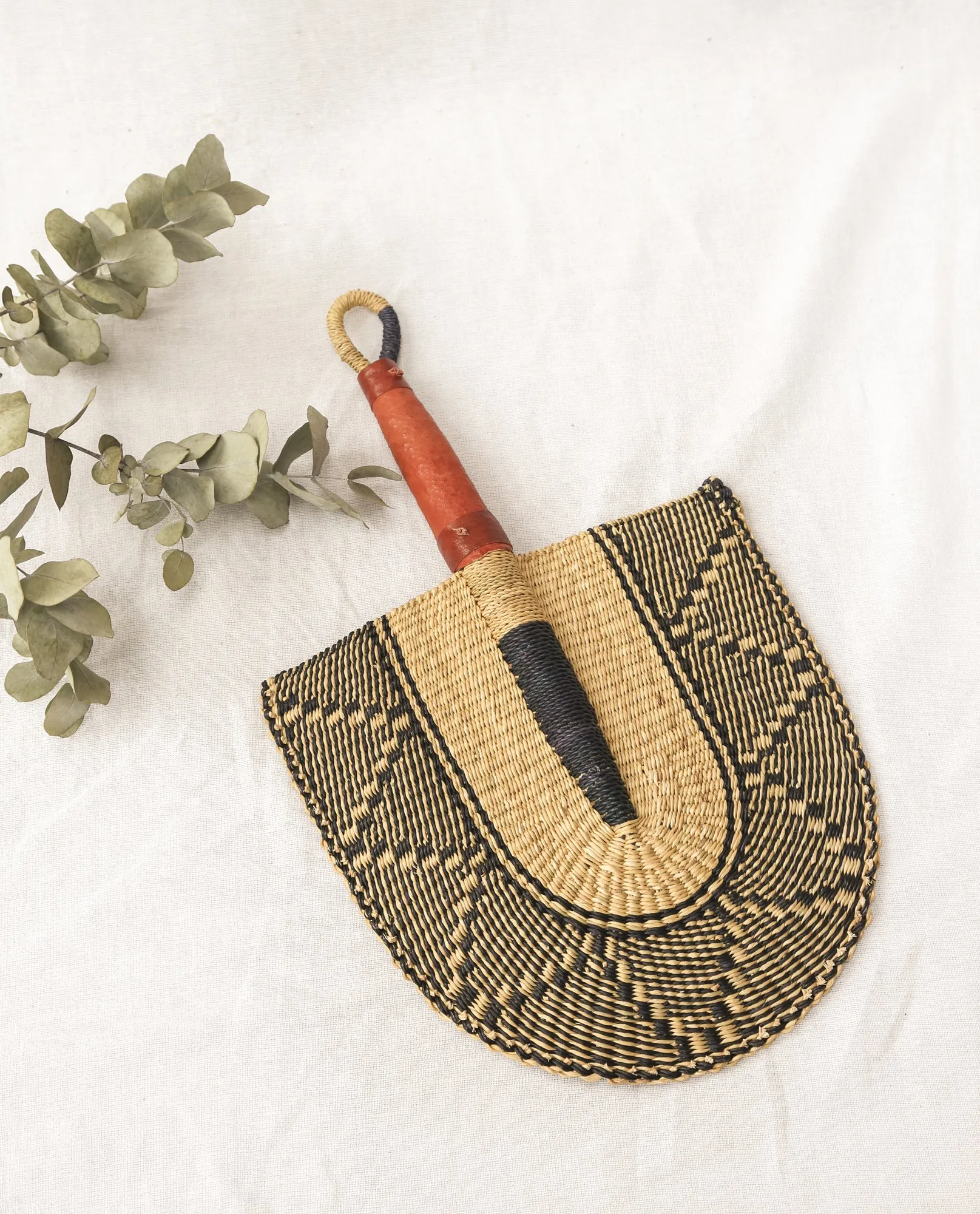 SELASIE Straw Hand Fan With Leather Handle