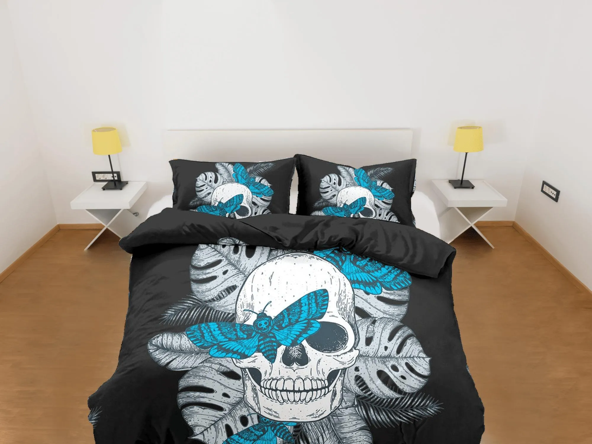 Skull & Moth Black Duvet Cover Set Bedspread, Dorm Bedding with Pillowcase