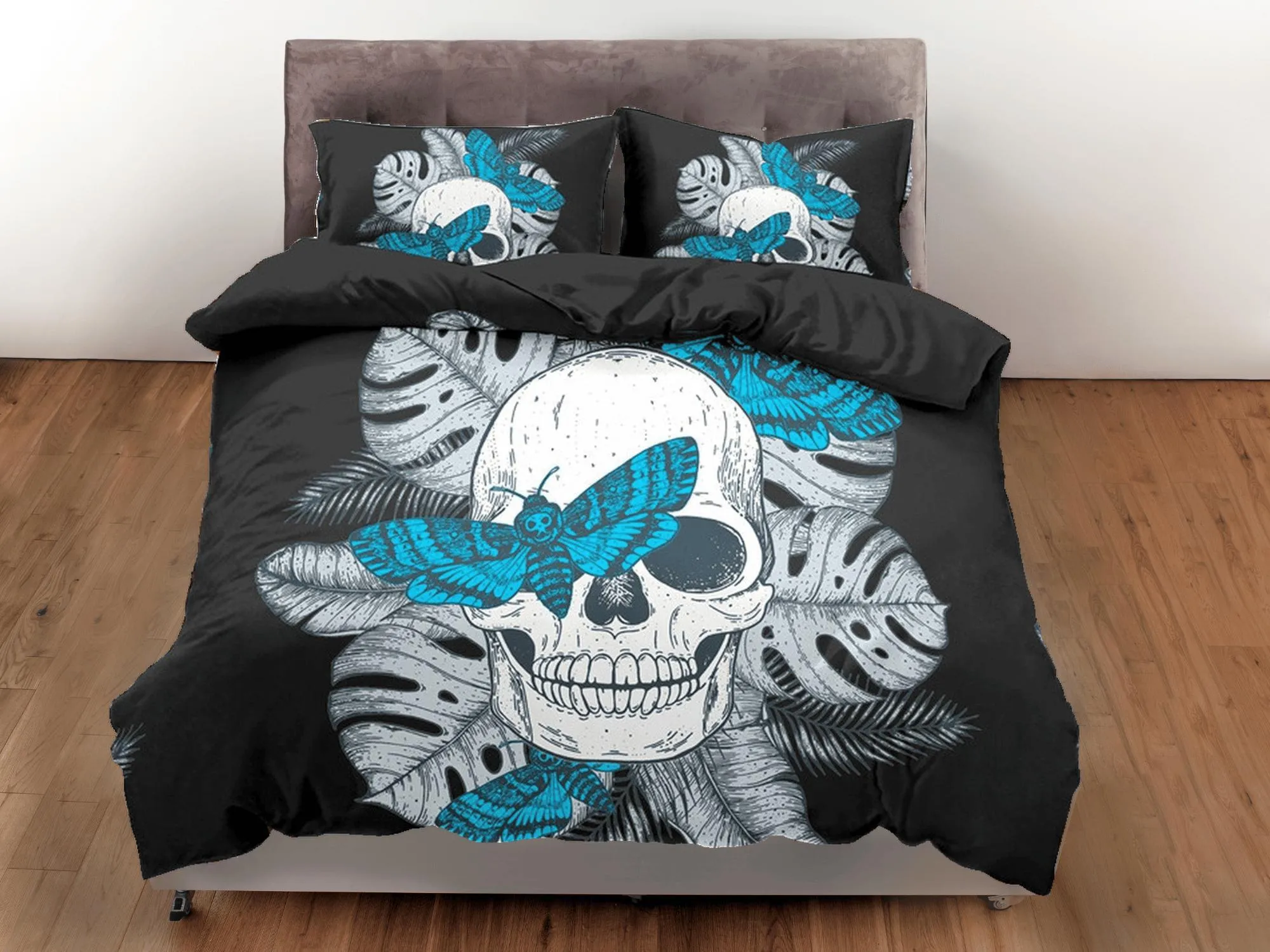 Skull & Moth Black Duvet Cover Set Bedspread, Dorm Bedding with Pillowcase