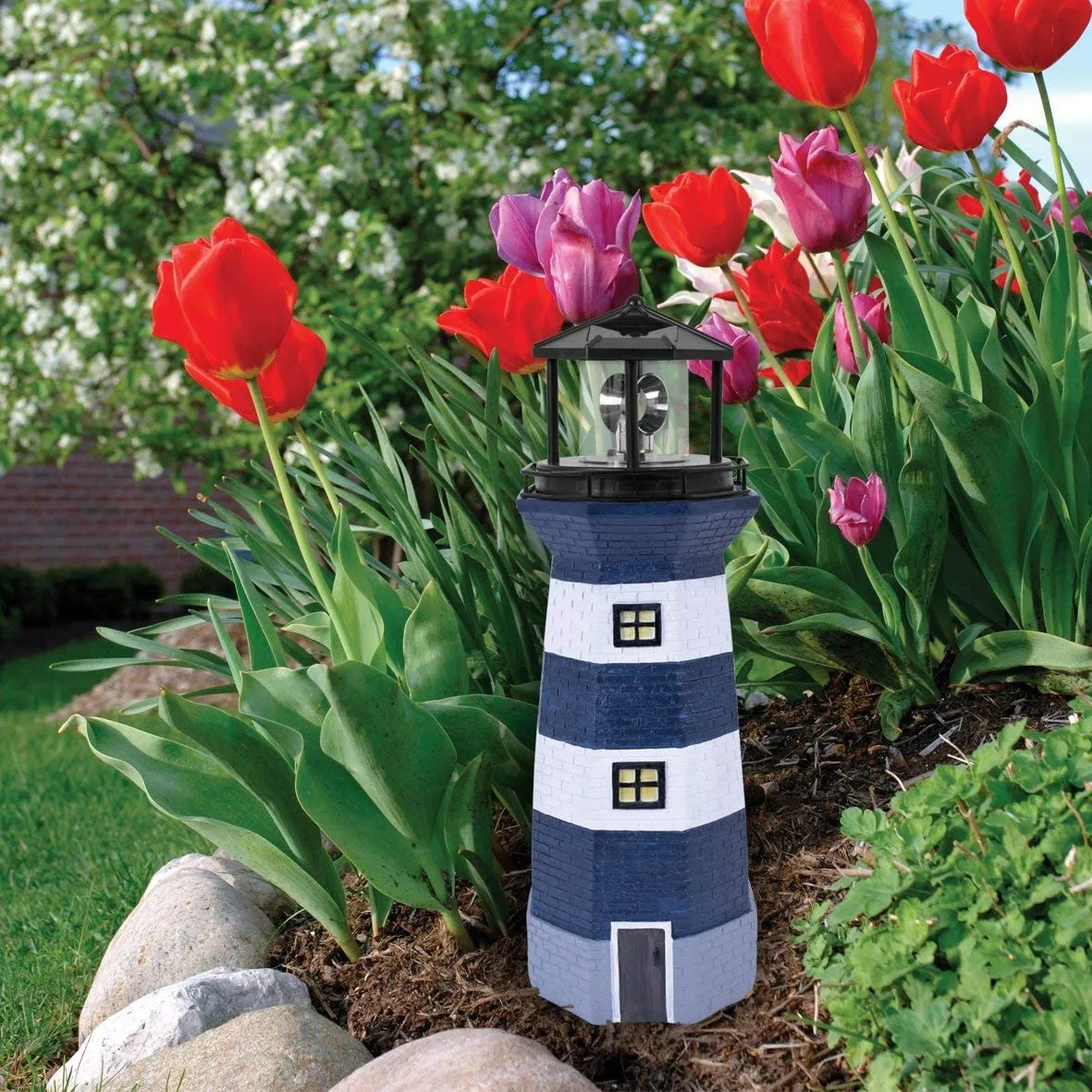 Solar Revolving LED Lighthouse/Blue and White / 40cm High/Auto-On At Dusk/Unique Garden Decoration