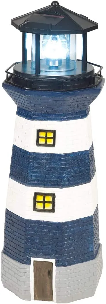 Solar Revolving LED Lighthouse/Blue and White / 40cm High/Auto-On At Dusk/Unique Garden Decoration