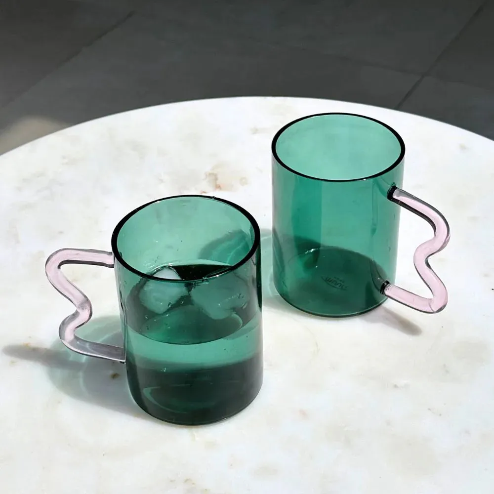 Swirl Glass Cups -Teal cup pink handle