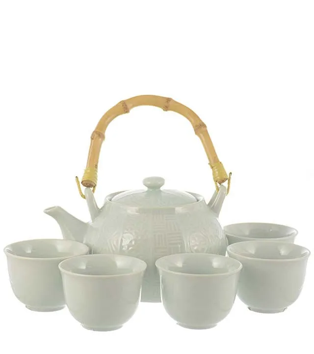 Tea Set: Jade Porcelain Tea Pot With 5 Cup Set -  900ml/30.4 fl. oz