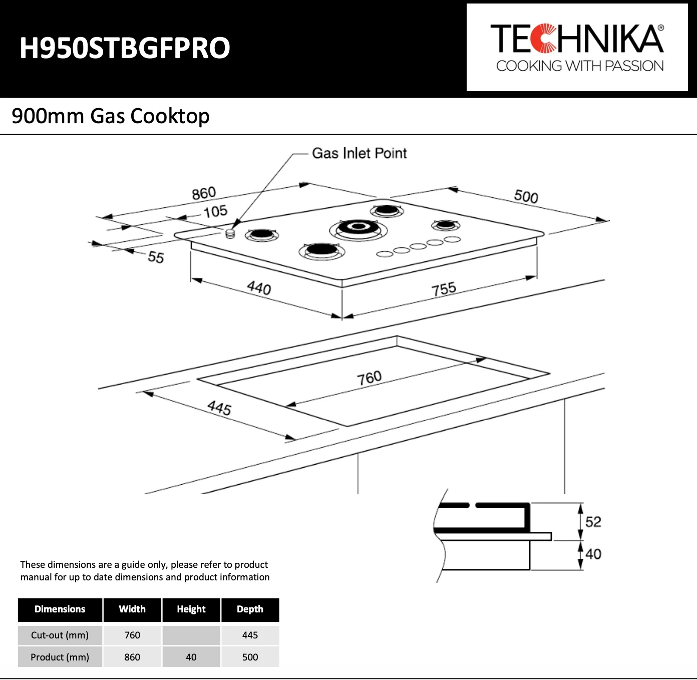 Technika H950STBGFPRO 90cm 5 Burner Gas on Glass Cooktop