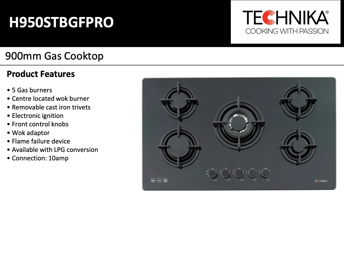 Technika H950STBGFPRO 90cm 5 Burner Gas on Glass Cooktop