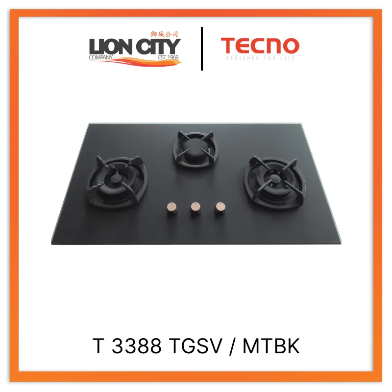 Tecno Uno T 3388 TGSV / MTBK Toughened Glass Hob (SCHOTT) Matte Black 88cm, V.V.S, INFERNO*  3 Burner (2x Big, 1x Medium)