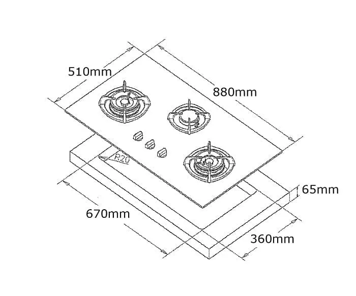 Tecno Uno T 3388 TGSV / MTBK Toughened Glass Hob (SCHOTT) Matte Black 88cm, V.V.S, INFERNO*  3 Burner (2x Big, 1x Medium)