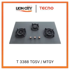 Tecno Uno T 3388 TGSV / MTGY Toughened Glass Hob (SCHOTT) Matte Grey 88cm, V.V.S, INFERNO*  3 Burner (2x Big, 1x Medium)