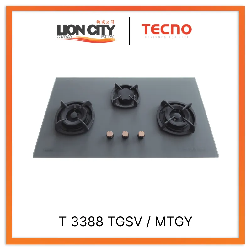 Tecno Uno T 3388 TGSV / MTGY Toughened Glass Hob (SCHOTT) Matte Grey 88cm, V.V.S, INFERNO*  3 Burner (2x Big, 1x Medium)