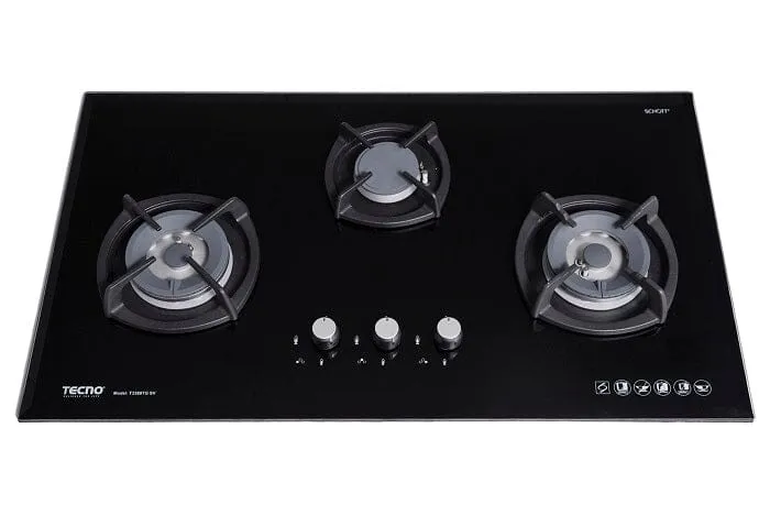 Tecno Uno T 3388 TGSV Toughened Glass Hob (SCHOTT)  88cm, V.V.S, INFERNO*  3 Burner (2x Big, 1x Medium)