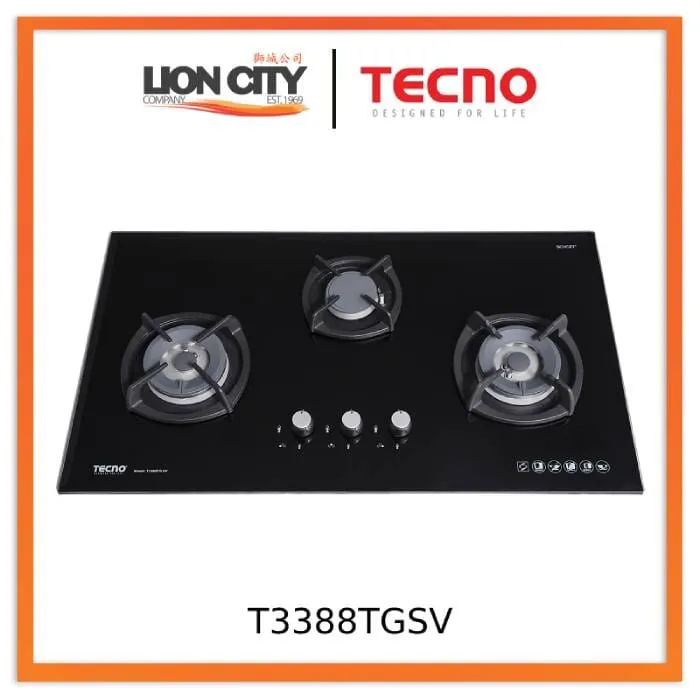 Tecno Uno T 3388 TGSV Toughened Glass Hob (SCHOTT)  88cm, V.V.S, INFERNO*  3 Burner (2x Big, 1x Medium)