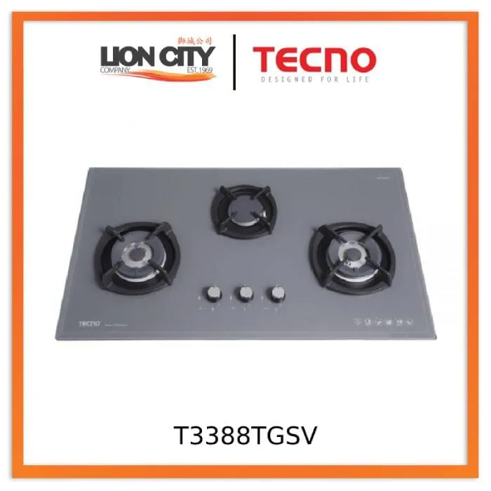 Tecno Uno T 3388 TGSV Toughened Glass Hob (SCHOTT)  88cm, V.V.S, INFERNO*  3 Burner (2x Big, 1x Medium)