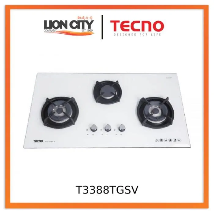 Tecno Uno T 3388 TGSV Toughened Glass Hob (SCHOTT)  88cm, V.V.S, INFERNO*  3 Burner (2x Big, 1x Medium)