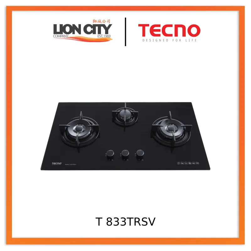 Tecno Uno T-833 TRSV Toughened Glass Hob (SCHOTT) Black 86cm  3 Burners (2x Big, 1x Medium)