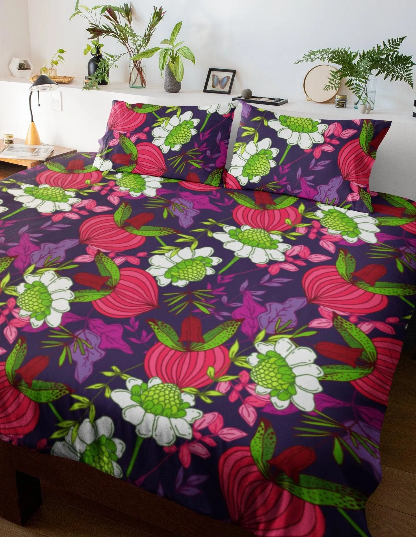 Tropical Duvet Cover Full Set | Colorful Bedding Set Floral Design | Purple Comforter Cover Set