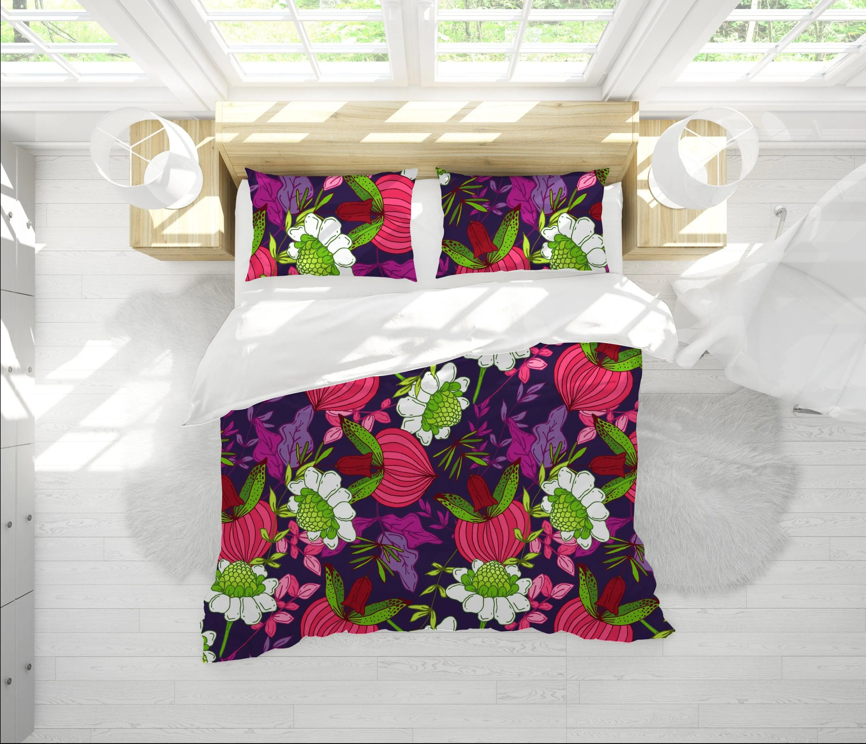 Tropical Duvet Cover Full Set | Colorful Bedding Set Floral Design | Purple Comforter Cover Set