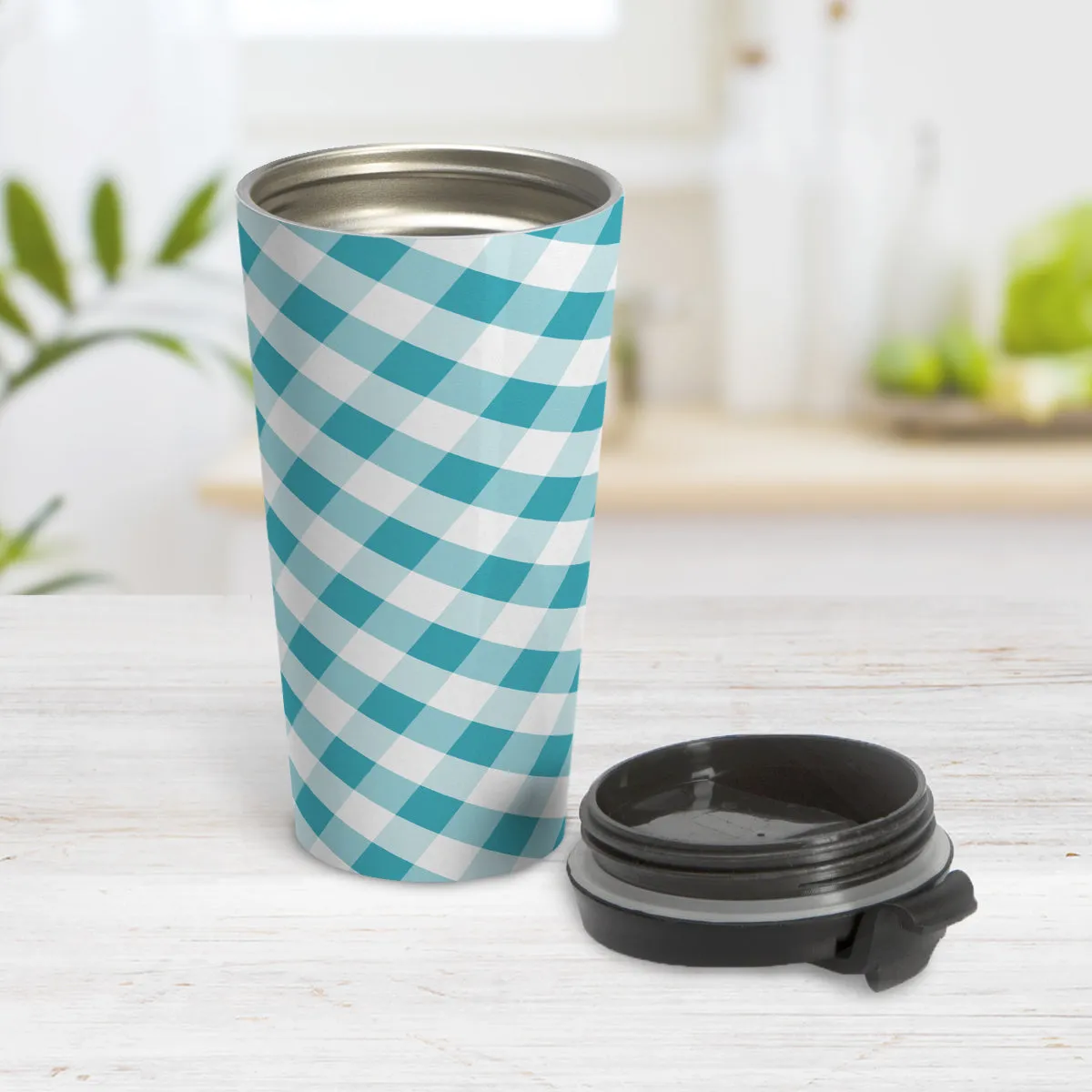 Turquoise Gingham Travel Mug