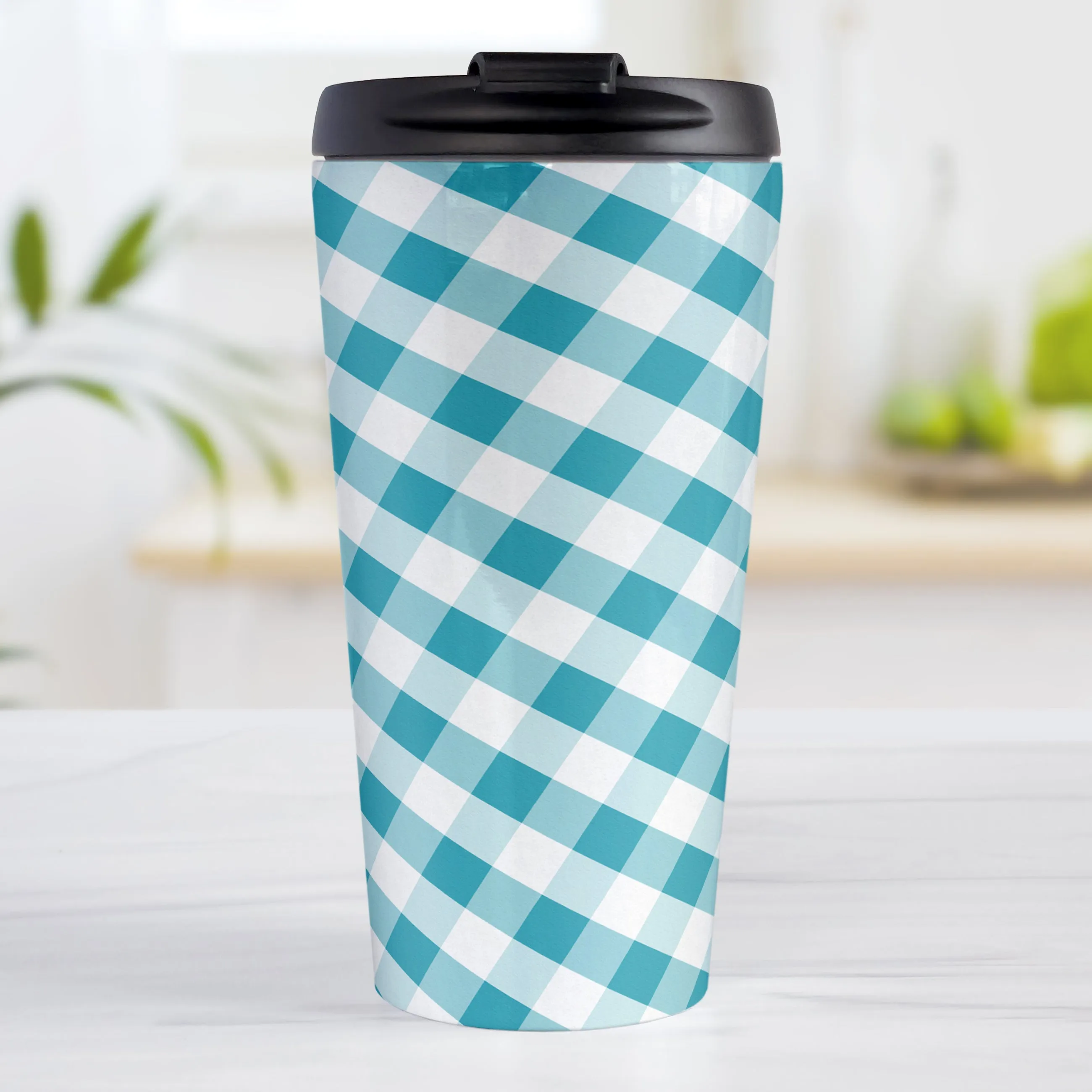 Turquoise Gingham Travel Mug