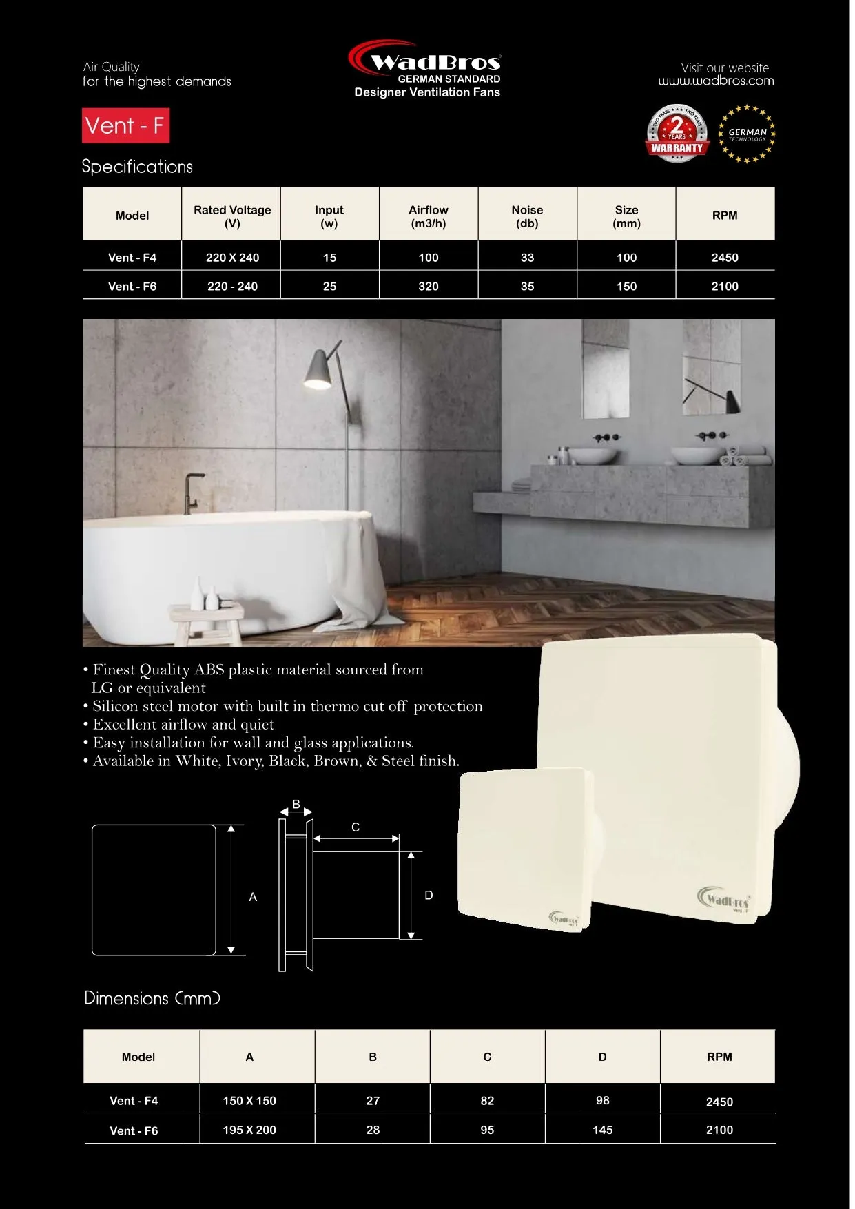 Vent F Series Ventilation/Exhaust Fan ( Vent F 4 & Vent F 6 ) By Wadbros