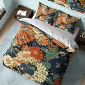 Vibrant Color Chrysanthemum Quilt Cover Japanese Bedding Set, Cotton Duvet Cover Colorful Bedspread, Girly bedroom Blanket Cover