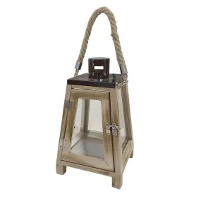 Vintage Wood Lantern with Dark Stainless Top & Jute Rope Handle