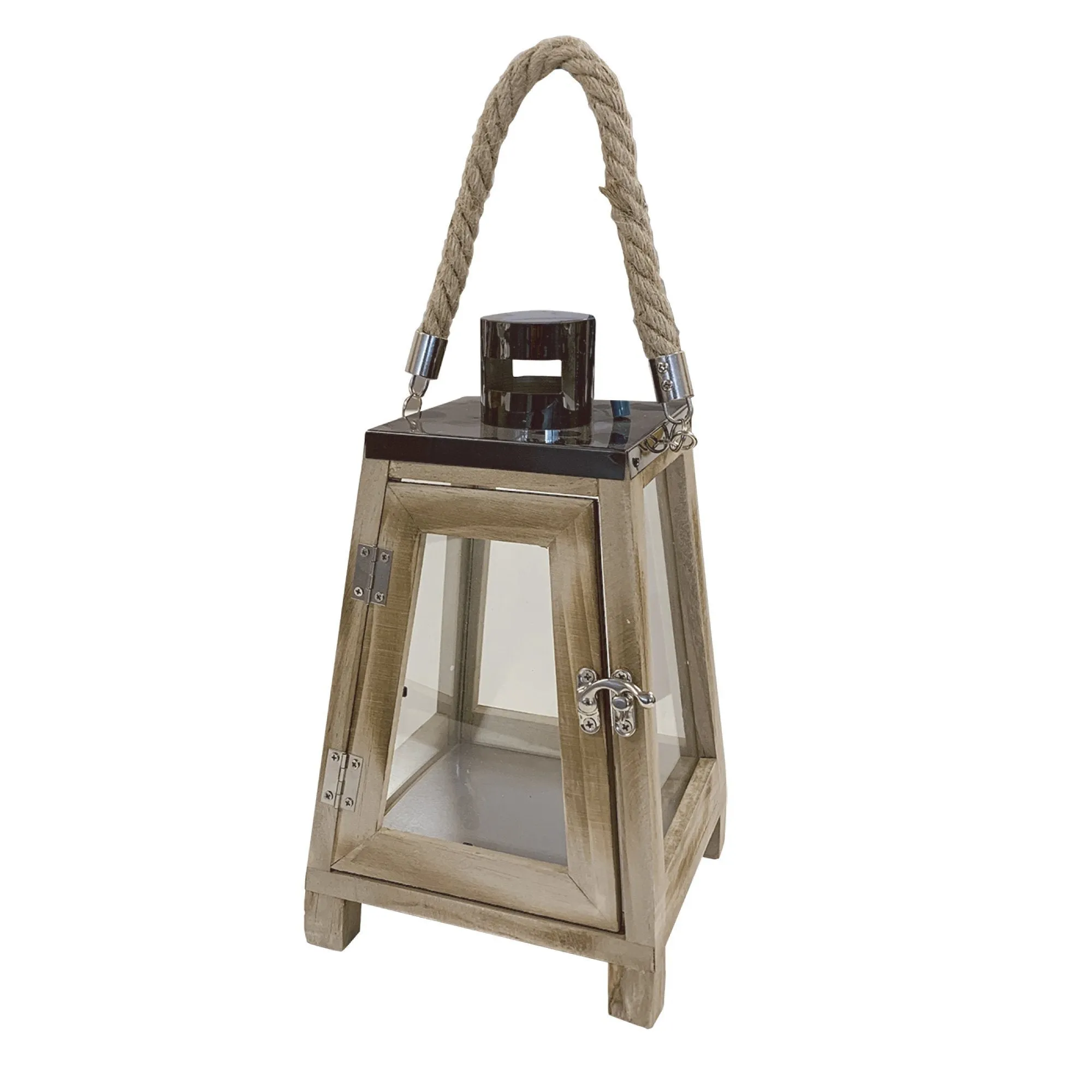 Vintage Wood Lantern with Dark Stainless Top & Jute Rope Handle