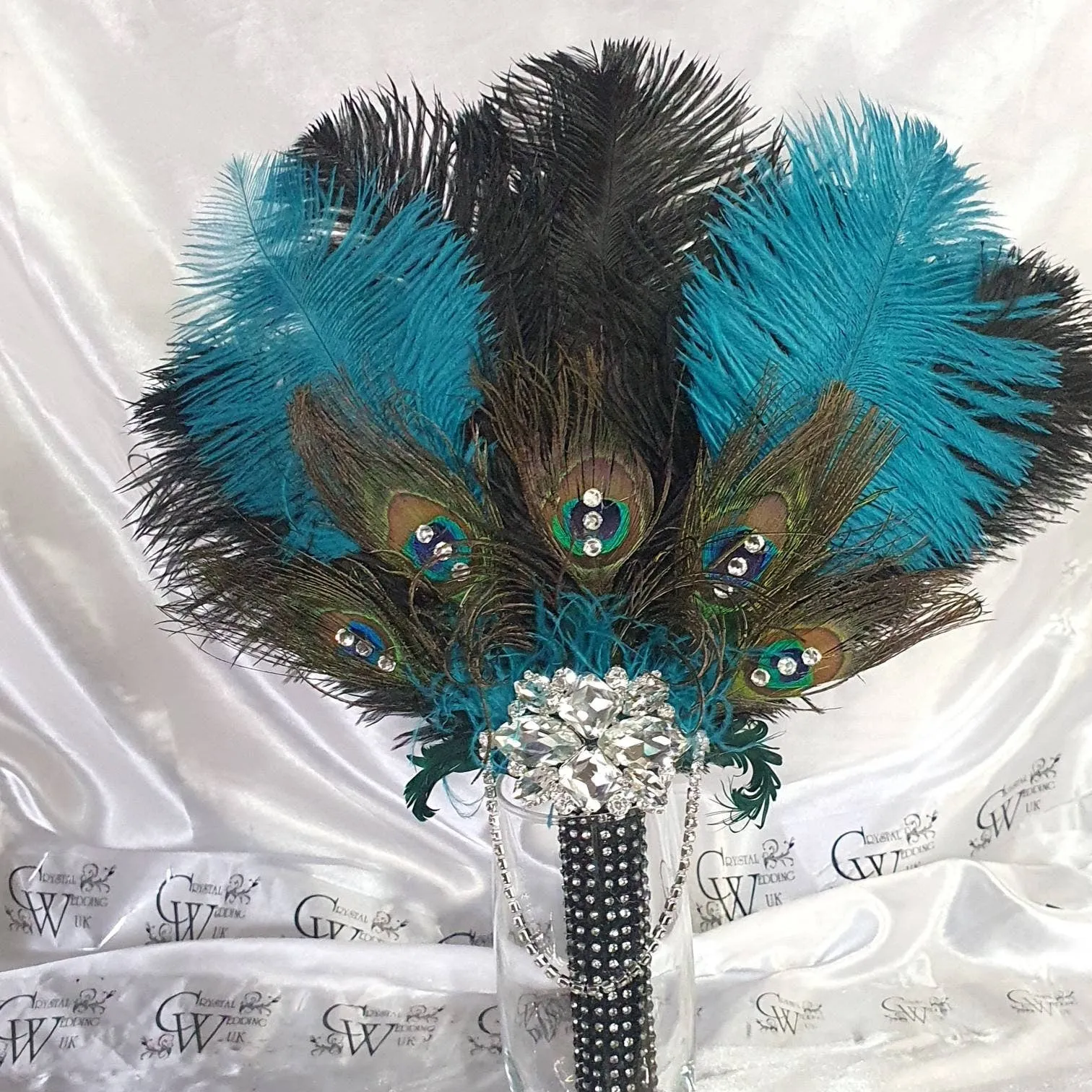 Wedding feather fan, brides ostrich    peacock fan teal black wedding hand fan Great Gatsby  made by Crystal wedding uk