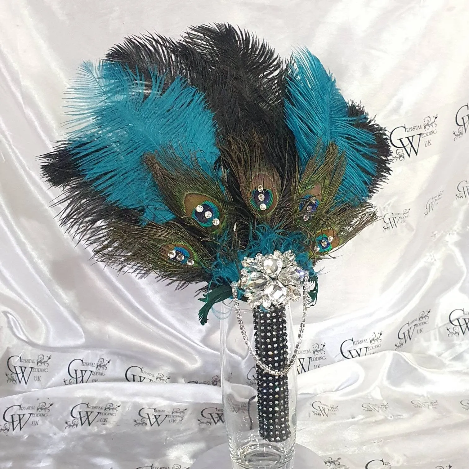 Wedding feather fan, brides ostrich    peacock fan teal black wedding hand fan Great Gatsby  made by Crystal wedding uk