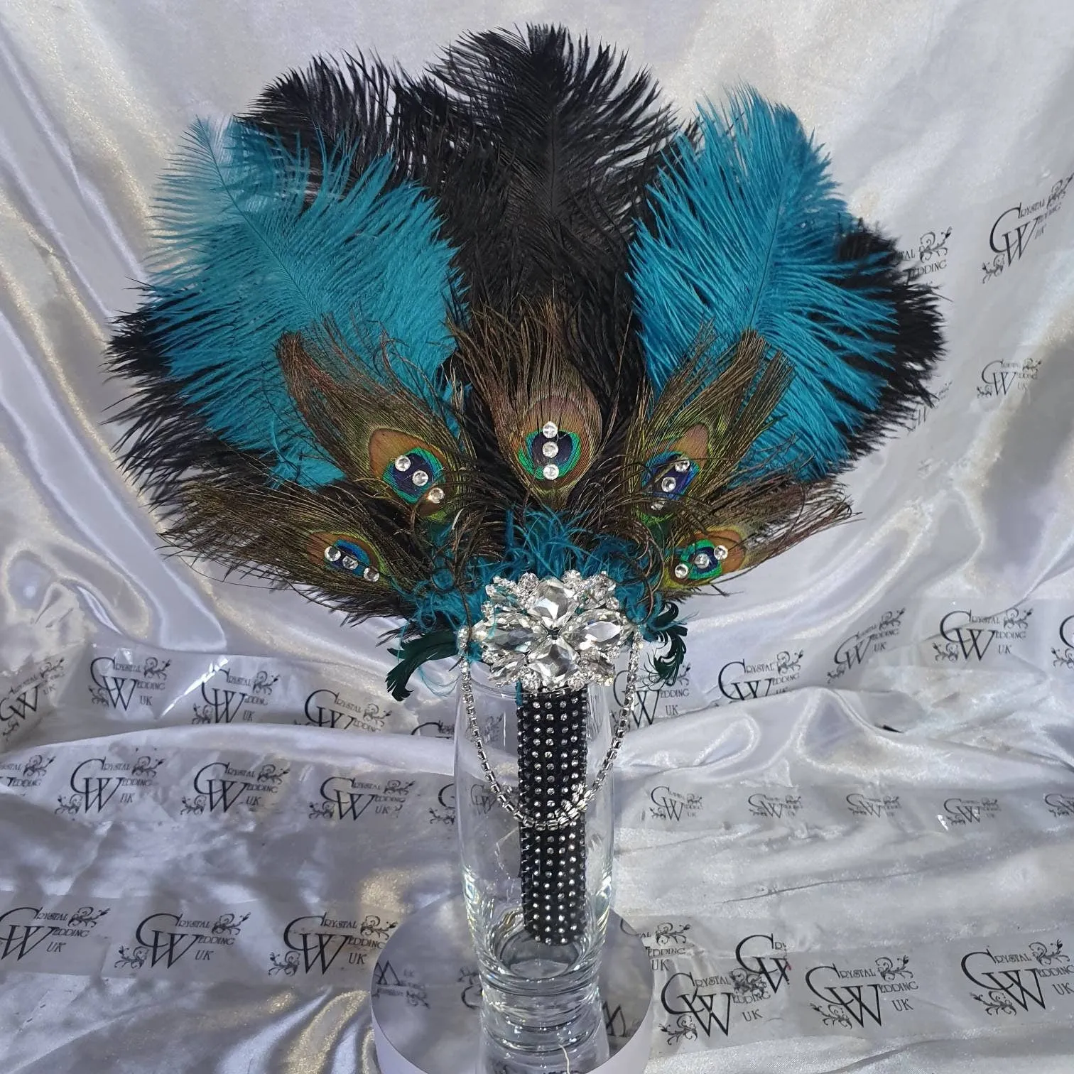 Wedding feather fan, brides ostrich    peacock fan teal black wedding hand fan Great Gatsby  made by Crystal wedding uk