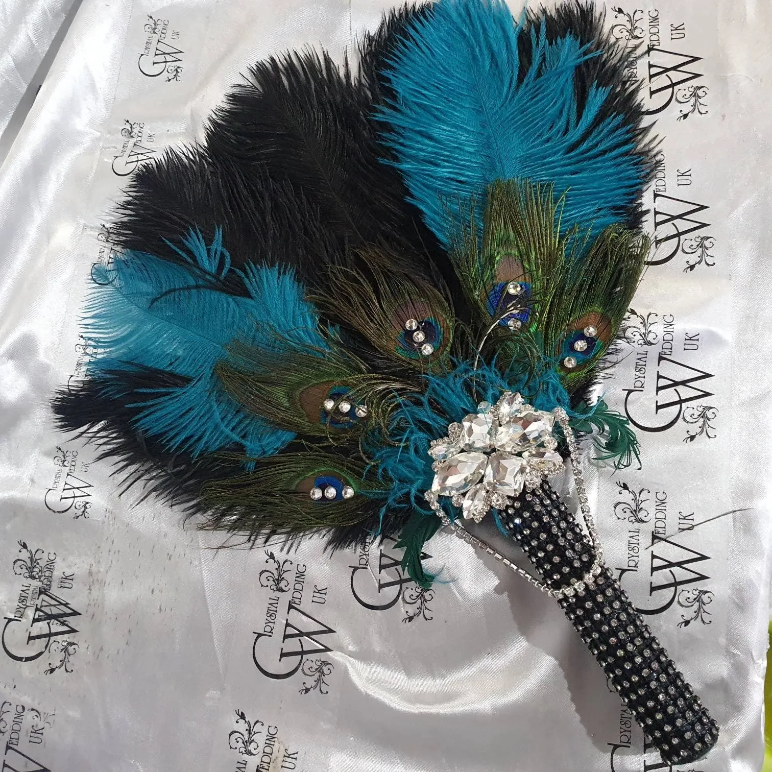 Wedding feather fan, brides ostrich    peacock fan teal black wedding hand fan Great Gatsby  made by Crystal wedding uk