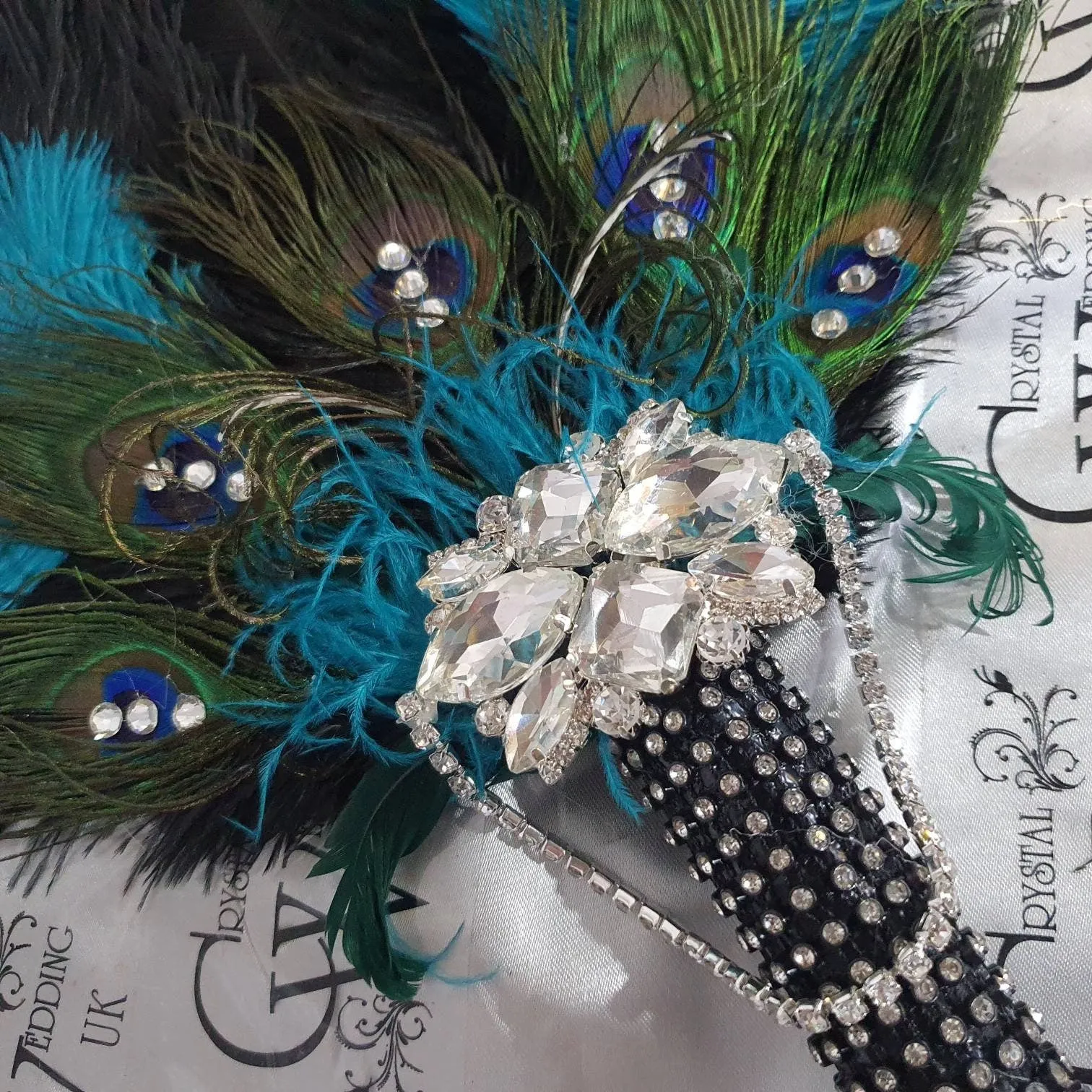 Wedding feather fan, brides ostrich    peacock fan teal black wedding hand fan Great Gatsby  made by Crystal wedding uk