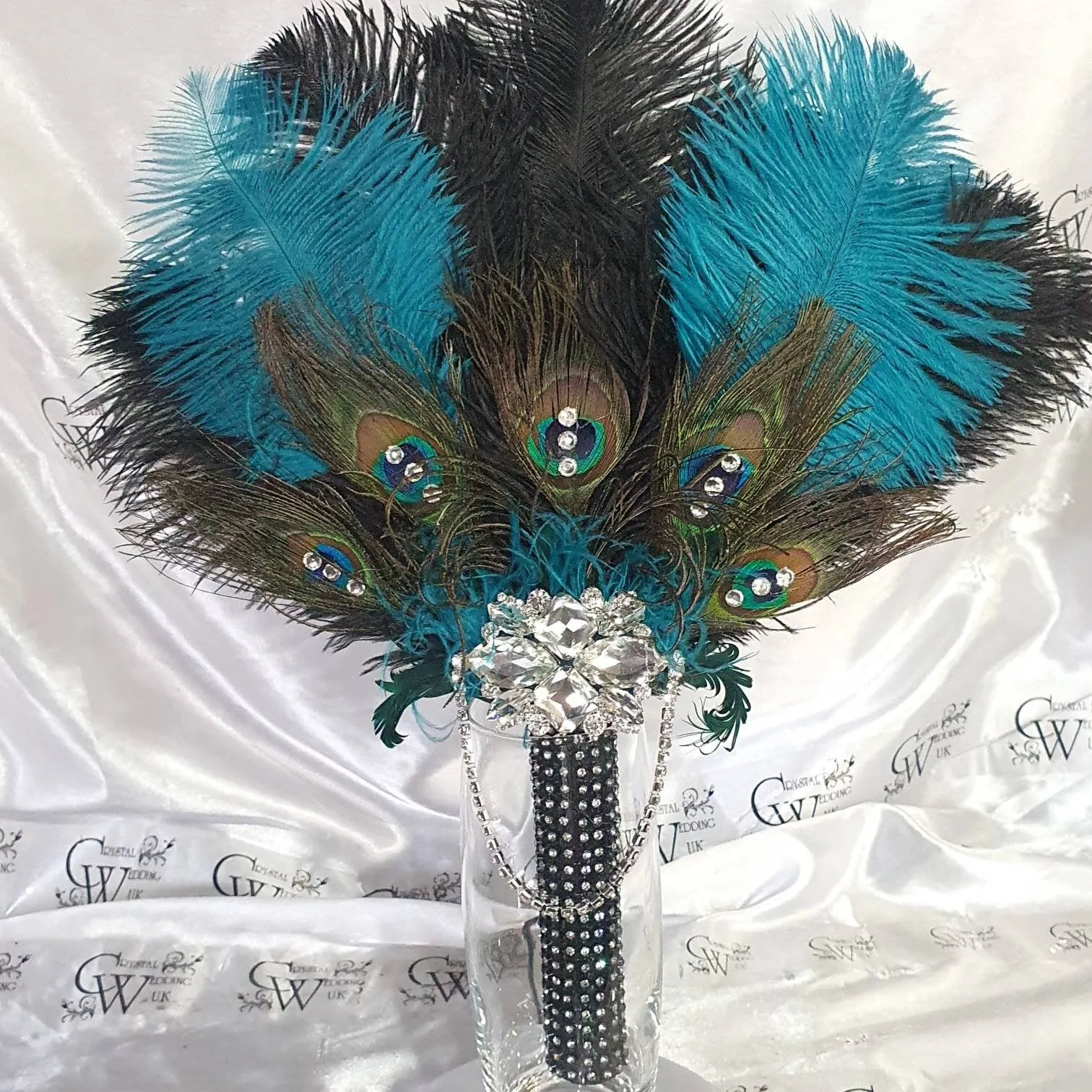 Wedding feather fan, brides ostrich    peacock fan teal black wedding hand fan Great Gatsby  made by Crystal wedding uk