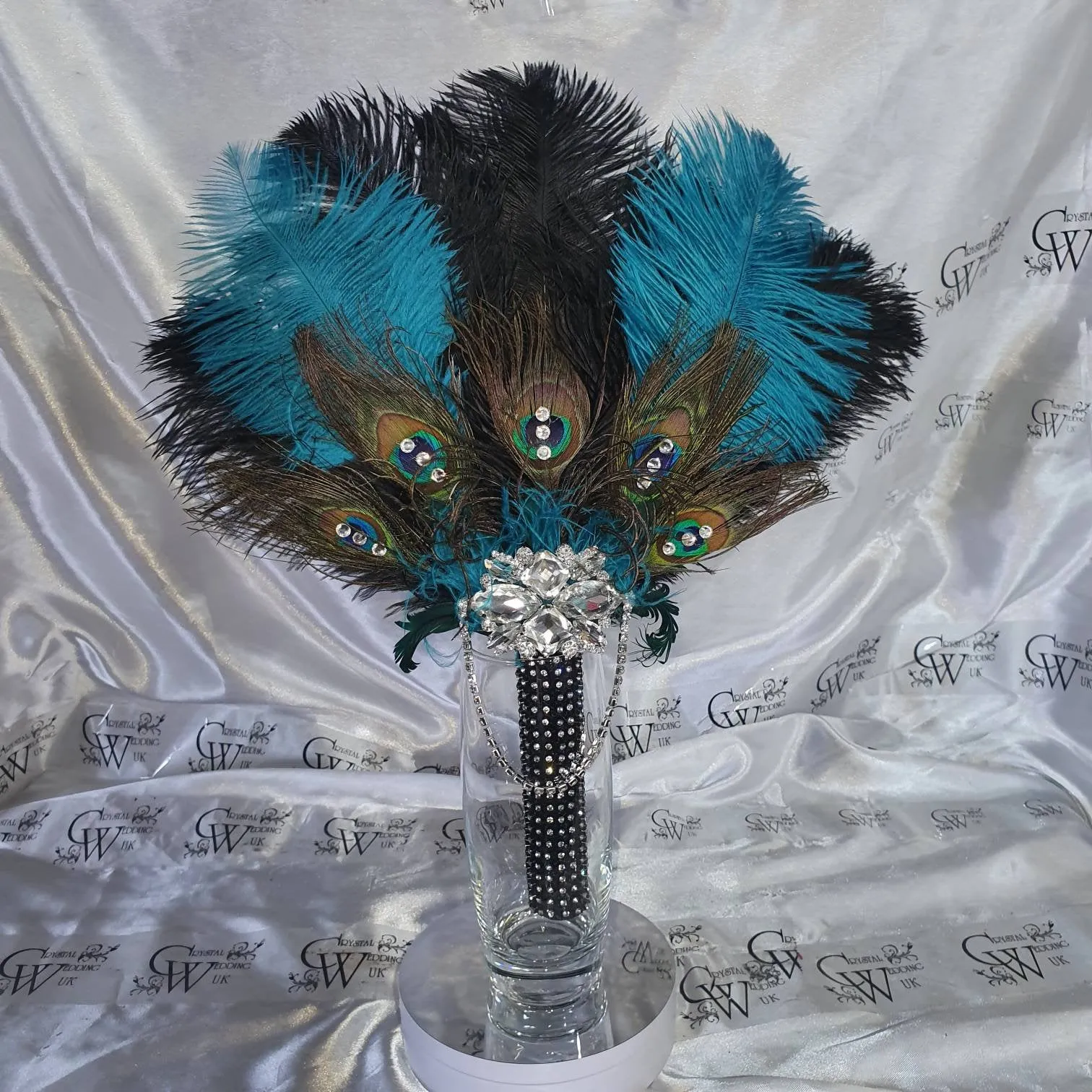 Wedding feather fan, brides ostrich    peacock fan teal black wedding hand fan Great Gatsby  made by Crystal wedding uk