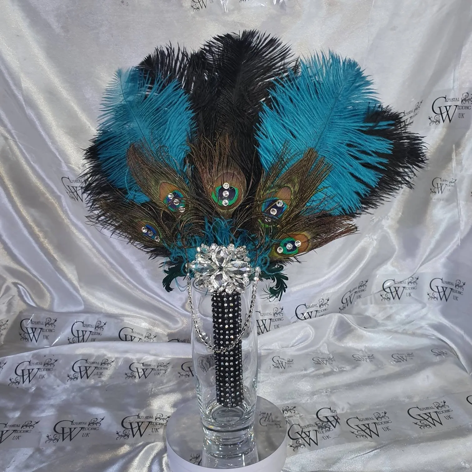 Wedding feather fan, brides ostrich    peacock fan teal black wedding hand fan Great Gatsby  made by Crystal wedding uk