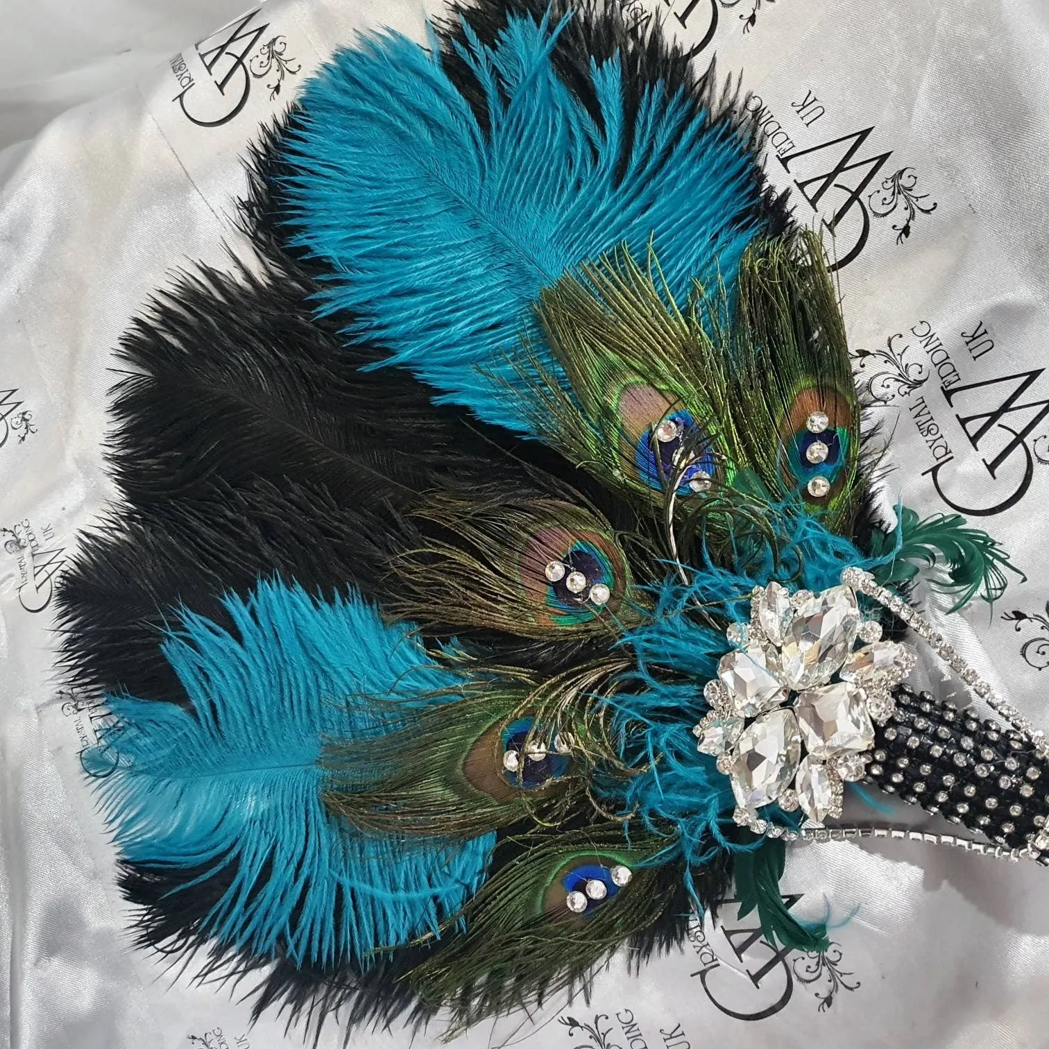 Wedding feather fan, brides ostrich    peacock fan teal black wedding hand fan Great Gatsby  made by Crystal wedding uk