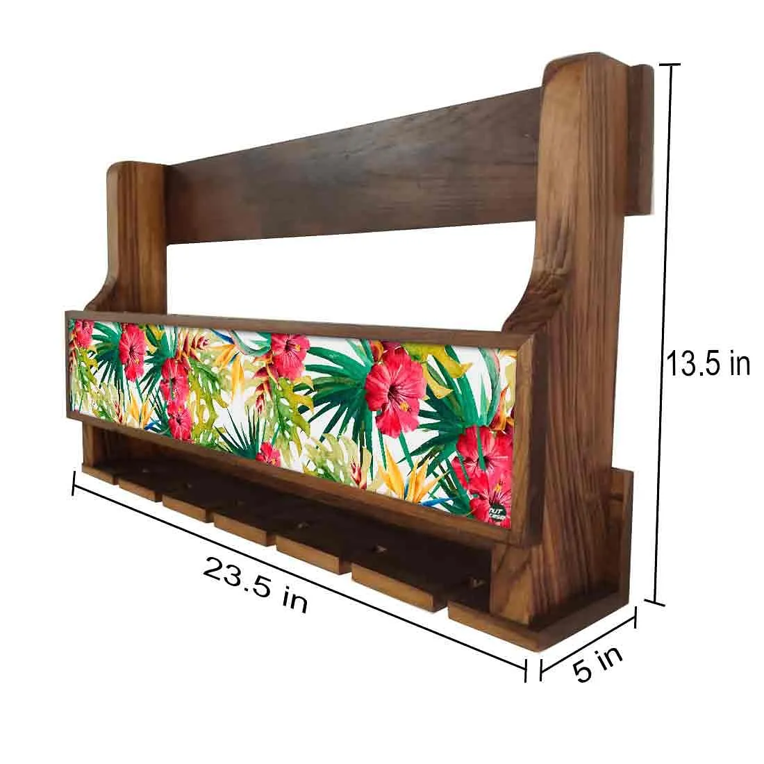 Wooden Wall Mounted Wine Glass Holder for Living Room - Stores 5 bottles 6 Wine Glasses-Floral Garden