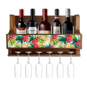 Wooden Wall Mounted Wine Glass Holder for Living Room - Stores 5 bottles 6 Wine Glasses-Floral Garden