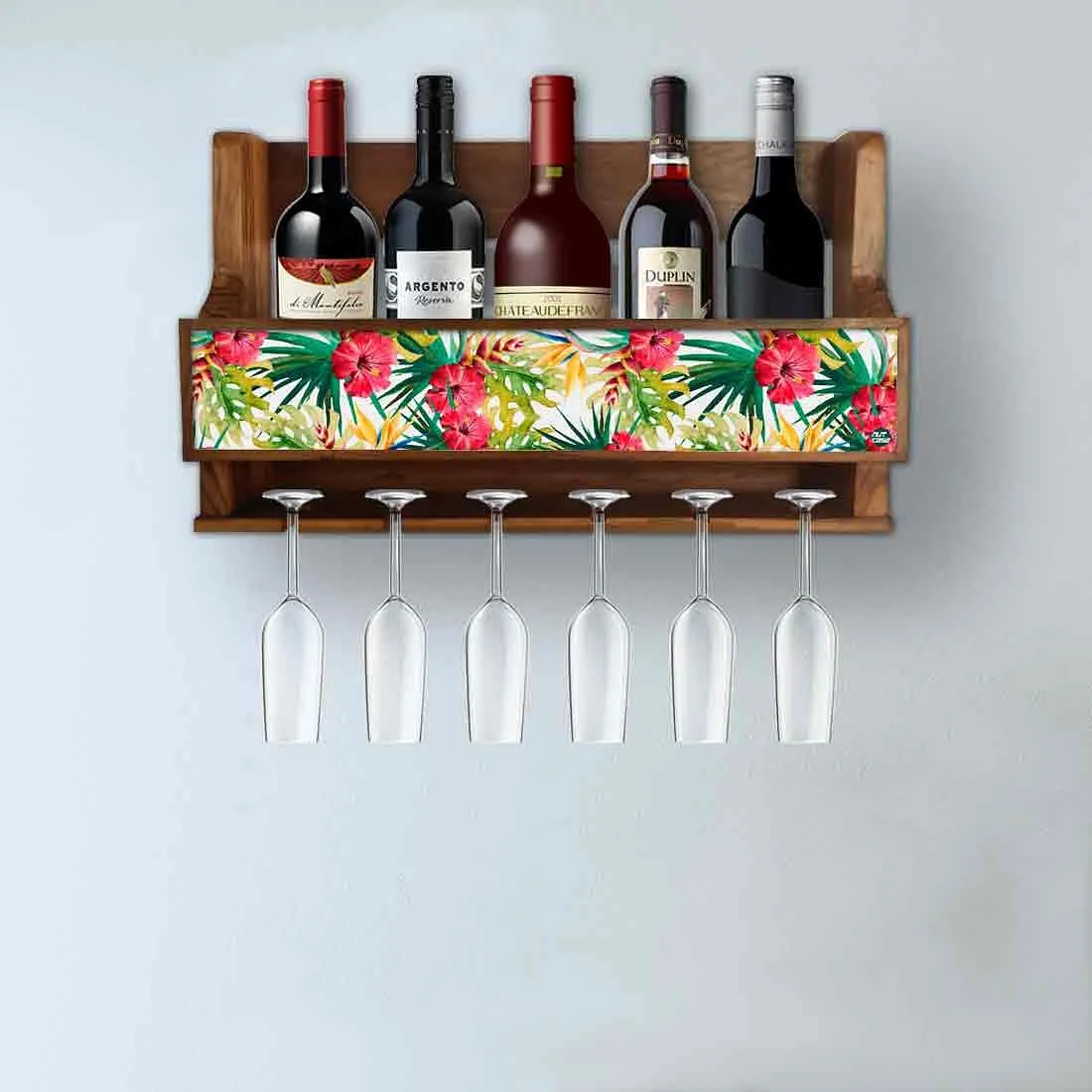 Wooden Wall Mounted Wine Glass Holder for Living Room - Stores 5 bottles 6 Wine Glasses-Floral Garden